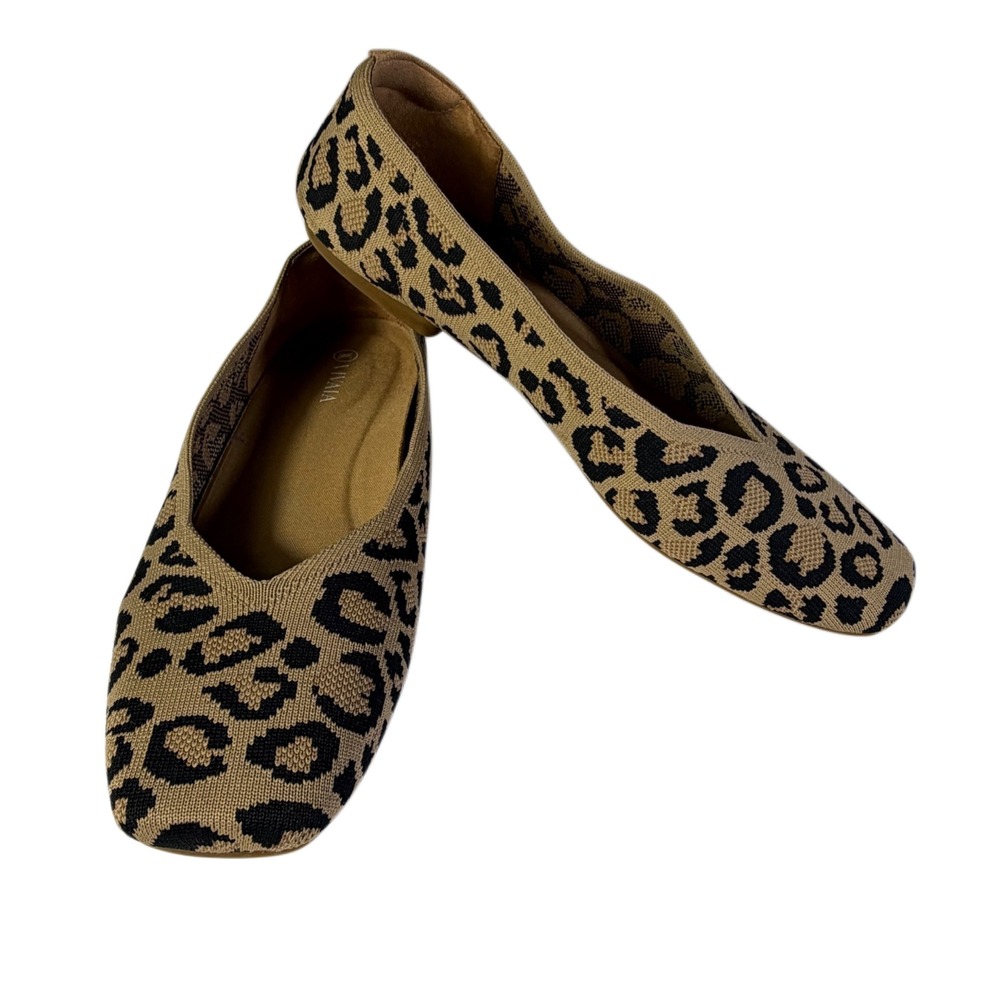 Vivaia Margot 2.0 Leopard Print Square Toe Knit Flats Brown Black Size 41